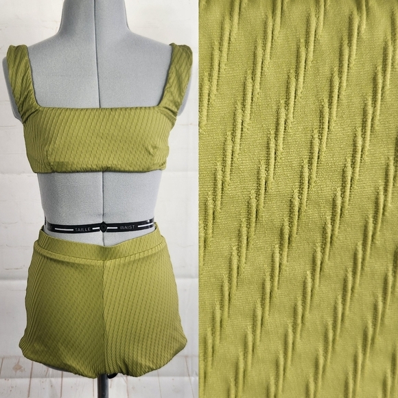 Fella Australian Vacation Textured Ribbed High Waisted Bikini Set Olive Green M - Picture 2 of 16